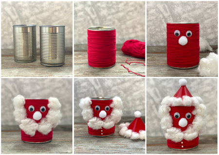 Collage how to make Santa Claus out of a tin can, kids craft.の写真素材