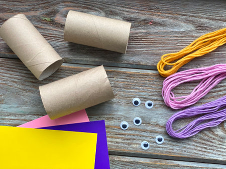Set for kids craft, colored paper blank roll, eyes and yarn, for DIY chickens.の写真素材