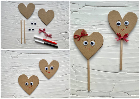 kids creativity, heart made of cardboard with eyes.の写真素材