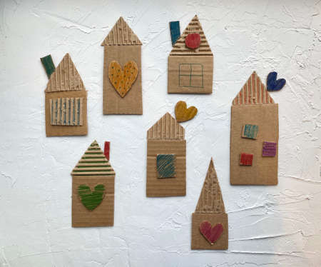 Kids craft cardboard recycling-applique house with windowsの写真素材