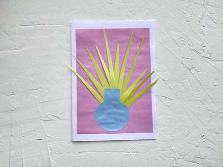 Step by step how to make a postcard with yellow flowers, mimosa, kids craft,の写真素材