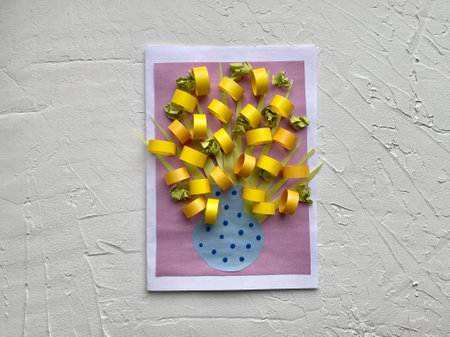 Step by step how to make a postcard with yellow flowers, mimosa, kids craft,の写真素材