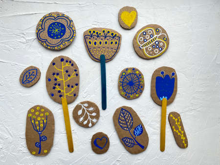 Painted flowers and trees, kids craft on kraton recycling, childrens creative, master classの写真素材