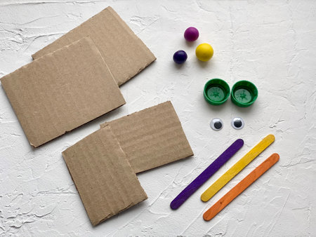 Kids craft, set of materials, cardboard, plasticine and lids, DIY from recyclingの写真素材