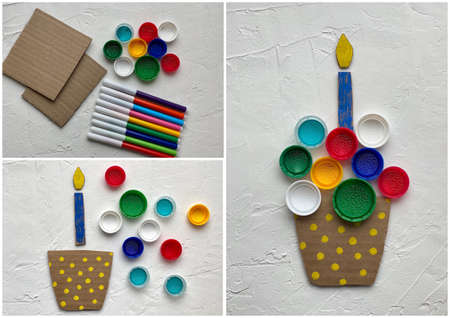 instructions training how to make a muffin with a candle made of cardboard and plastic lids, kids craft,の写真素材