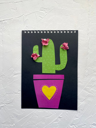 cactus plant in a pot, kids art, paper crafts, Master class.の写真素材