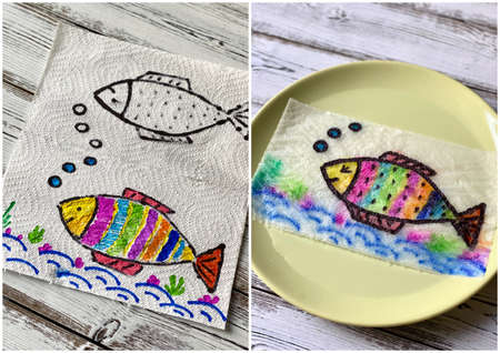 Magic, drawing fish, appears in the water, coloring book.の写真素材