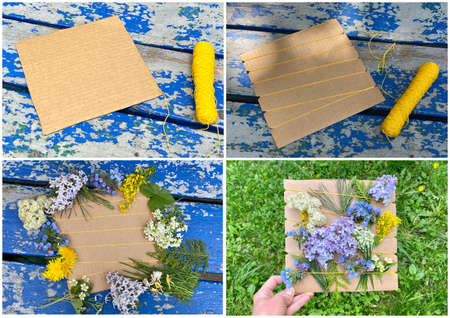Step by step, how to make a natural picture of flowers and grass on a walk with children, kids craftの写真素材