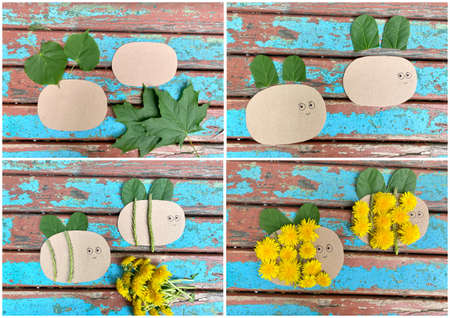 Master class how to make a bee from natural materials and cardboard recycling.の写真素材