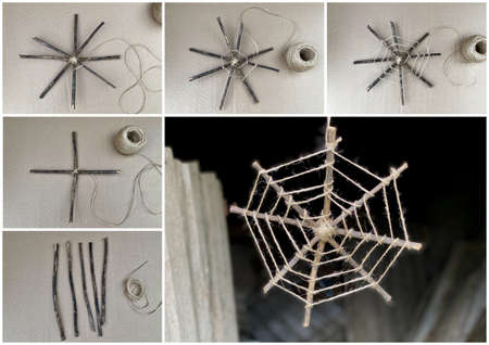 How to make a web from sticks and rope, step by step, childrens master class.の写真素材