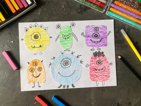 Draw funny monsters on paper with a pencil. Lesson learning for children.の写真素材