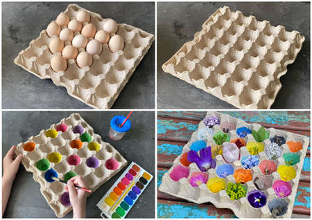The egg box is painted in colored paints for childrens play on the street, find color in nature. Natural color huntの写真素材