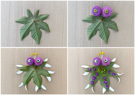 Master class, step by step how to make an octopus from leaves and flowers, kids craftの写真素材