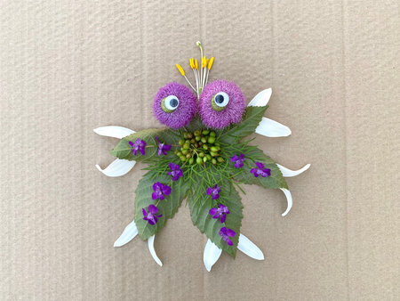 Master class, step by step how to make an octopus from leaves and flowers, kids craftの写真素材