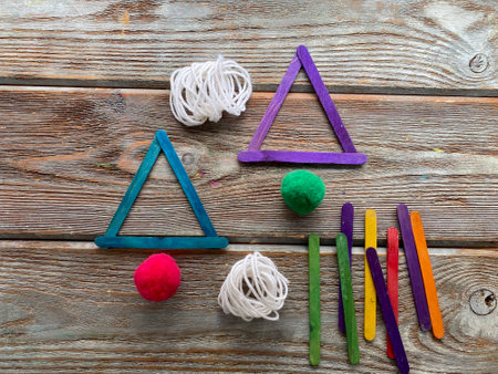collage, how to make a gnome out of ice cream sticks, paper and yarn, kid craftの写真素材
