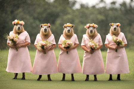 Capybara rodents - bridesmaids - at a wedding party, in pink dresses.の写真素材