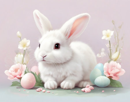 White and fluffy bunny, Easter background, open.の写真素材