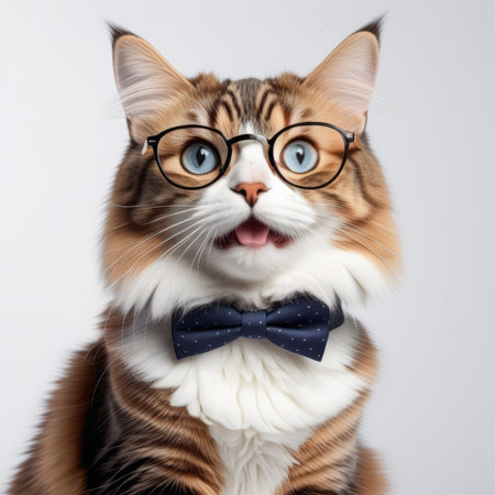 Funny white cat in a gray bow tie and glasses, on white background .の素材
