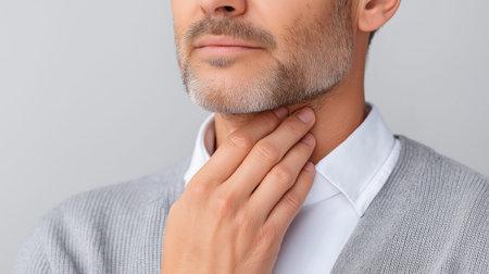 Man Touches Neck Feeling Sore Throat Pain Handsome Guy Examines His Own Tender Neck