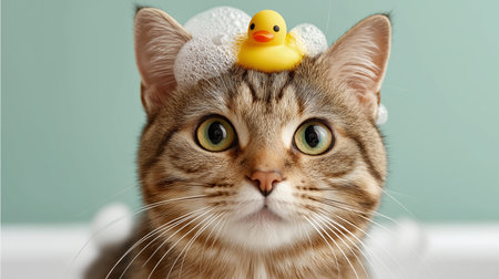 Adorable Kitten Enjoys A Bubble Bath With Duck Playful Tabby Cat Has Fun During Bath Timeの写真素材