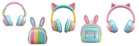 Dreamy headphones and bunny backpacks, bathed in soft colors, create a sweet, imaginative scene, ideal for kids fashion, gift ideas, or cheerful digital art projects.の写真素材