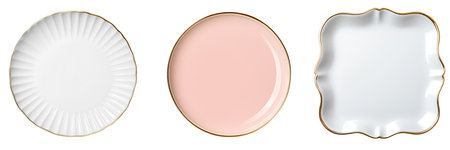 Elegant simplicity radiates from these pristine, golden-rimmed plates, perfect for showing luxurious dining arrangements, delicate desserts, or sophisticated branding.の写真素材