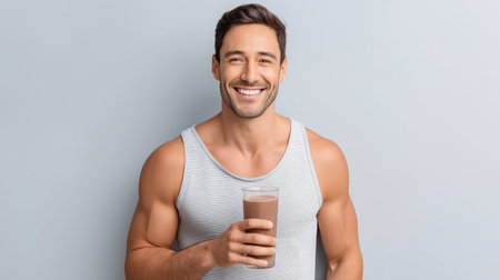 Radiant health and vitality shine from this handsome man, confidently holding a refreshing protein...
