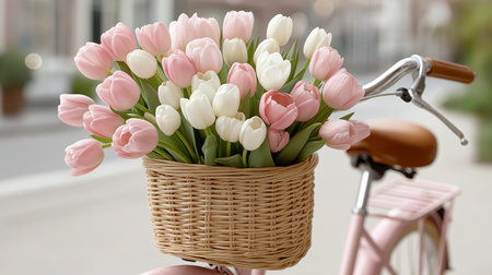 Soft pink and white tulips create a delicate, dreamy scene, nestled within a bicycles front basket, ideal for concepts of renewal, love, and cheerful, urban escapes.の写真素材