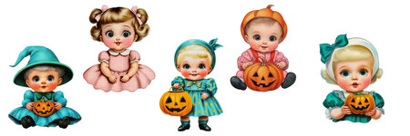 Vintage Halloween charm radiates from these adorable baby portraits, perfect for nostalgic designs, greeting cards, or childrenの写真素材