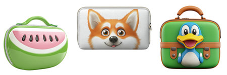 Vibrant, cartoon-themed lunch bags, radiating happiness and imagination, ideal for kids products, playful designs, or cheerful marketing campaigns.の写真素材