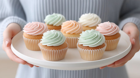 Pastel Cupcakes Present A Sweet And Delicate Treat Hand Holds Freshly Baked Colorful Dessert Delightsの素材