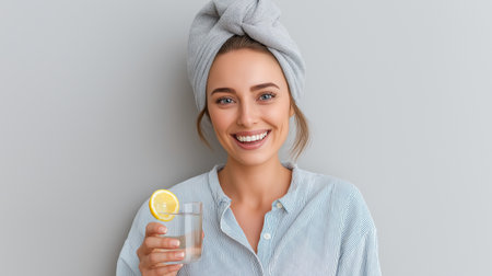 Woman Enjoys Fresh Water After Shower Healthy Lifestyle Includes Bright Citrus Refreshmentの素材