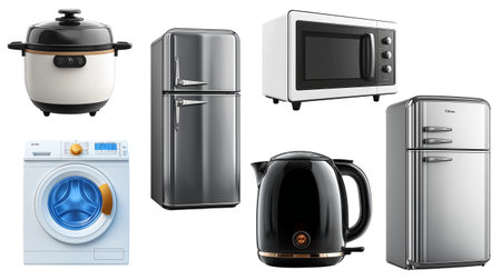 Sleek, minimalist home essentials, including a washing machine, refrigerator, microwave, rice cooker, and kettle, evoke a sense of calm efficiency, ideal for showcasing modern living or advertising household products.の写真素材