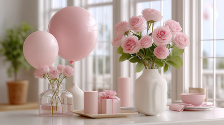 Delicate pink roses and floating balloons evoke feelings of joy and tenderness, perfect for a baby shower, bridal theme, or simply adding a touch of sweetness to any space.の写真素材