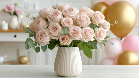 Soft pink roses bloom in a textured vase, bathed in warm light, creating a delicate and dreamy atmosphere ideal for showing beauty, femininity, and special occasions.の写真素材