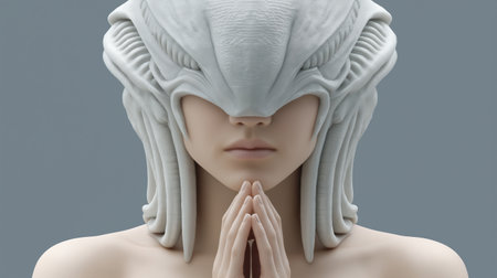 Mysterious and elegant, this futuristic portrait suggests a priestess or queen, perfect for fantasy art, sci-fi concepts, or symbolic representations of faith and power.の写真素材