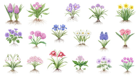 Delicate spring blooms, watercolor illustrated with roots exposed, evoke feelings of new beginnings, growth, and hopeful renewal, perfect for botanical art, cards, or wellness designs.の写真素材