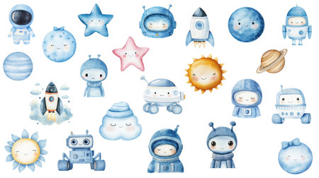 Charming celestial characters, planets, rockets, and astronauts, painted in soft blues and yellows, create a delightful, playful atmosphere, ideal for baby showers, invitations, or storybook watercolor illustration.の写真素材