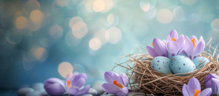 Nest with Easter eggs and spring flowers, crocuses,の素材