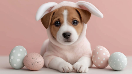 Charming puppy, dressed as an Easter bunny, radiates sweetness, nestled amongst pastel eggs, perfect...