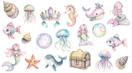 Delicate seashells, playful mermaids, and radiant jellyfish create a serene, ethereal atmosphere, ideal for baby showers, invitations, and enchanting storybook art.の写真素材