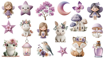 Dreamy whimsy fills this watercolor collection, evoking gentle joy and peaceful nights, perfect for nurses, children books, or magical branding.の写真素材