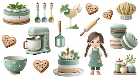 Charming baking elements, a sweet little baker, and delicate desserts evoke warmth and joyful creativity, perfect for children's illustrations or festive designs.の写真素材