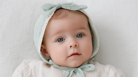 A small newborn baby, lying and looking up, wearing a bonnetの写真素材