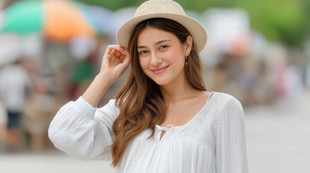 Beautiful Woman Enjoys Summer Day Outdoors Happy Female Smiles With Stylish Sunhatの素材