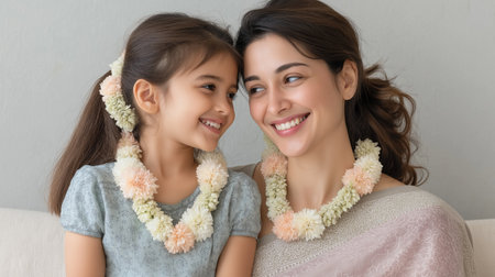 Mother and daughter sit in flower wreaths around their necks, India holiday traditionsの素材