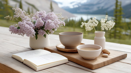 Serenity unfolds with a quiet moment, warm beverages, and a breathtaking mountain view, perfect for wellness blogs, cozy lifestyle content, or mindful meditation apps.の写真素材