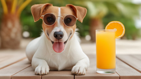 Joyful summer vibes radiate from this adorable Jack Russell, lounging with cool orange juice, perfect for pet-friendly branding, vacation ads, or a cheerful blog post.の写真素材