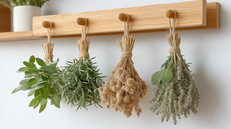 Hanging bundles of fragrant herbs, dried and preserved, create a calming atmosphere, ideal for culinary arts, holistic health, or a minimalist, organic aesthetic.の写真素材
