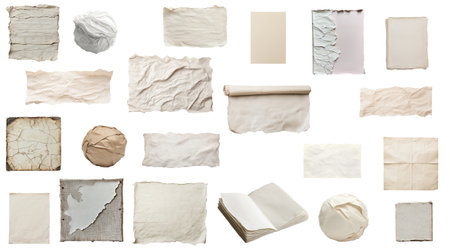 Textured paper fragments, crumpled and aged, suggest hidden stories and delicate beauty, ideal for backgrounds, collages, or artistic compositions.の写真素材